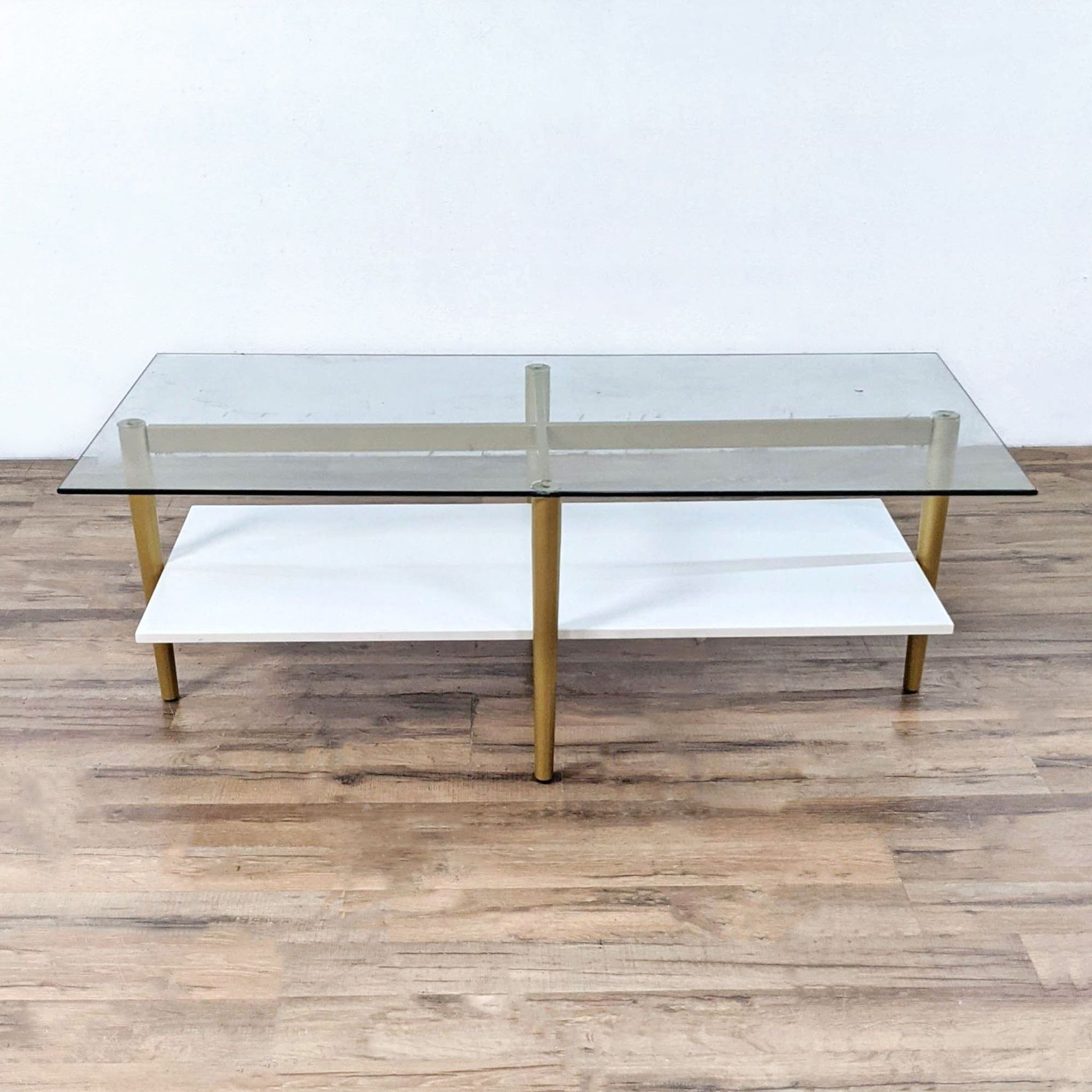 Meyer&Cross Otto Brass/White Lacquer Large Rectangle Glass Coffee Table with Shelf - image 0